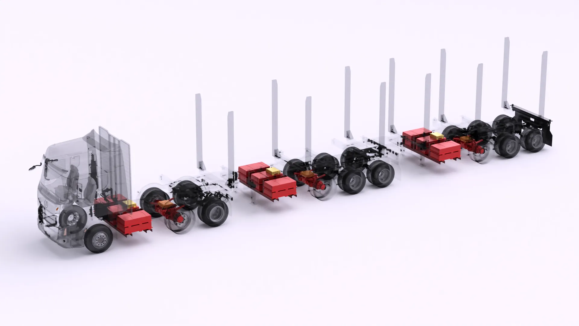 Logging truck and trailer showing distributed EVNet™ control nodes